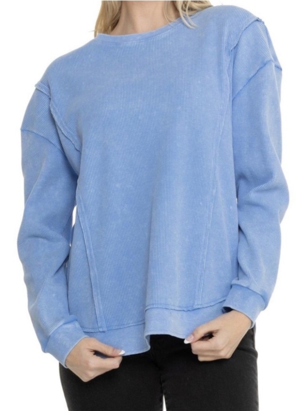 Anthropologie Sunnyside by Sundry Washed Blue Thermal Crewneck Sweatshirt